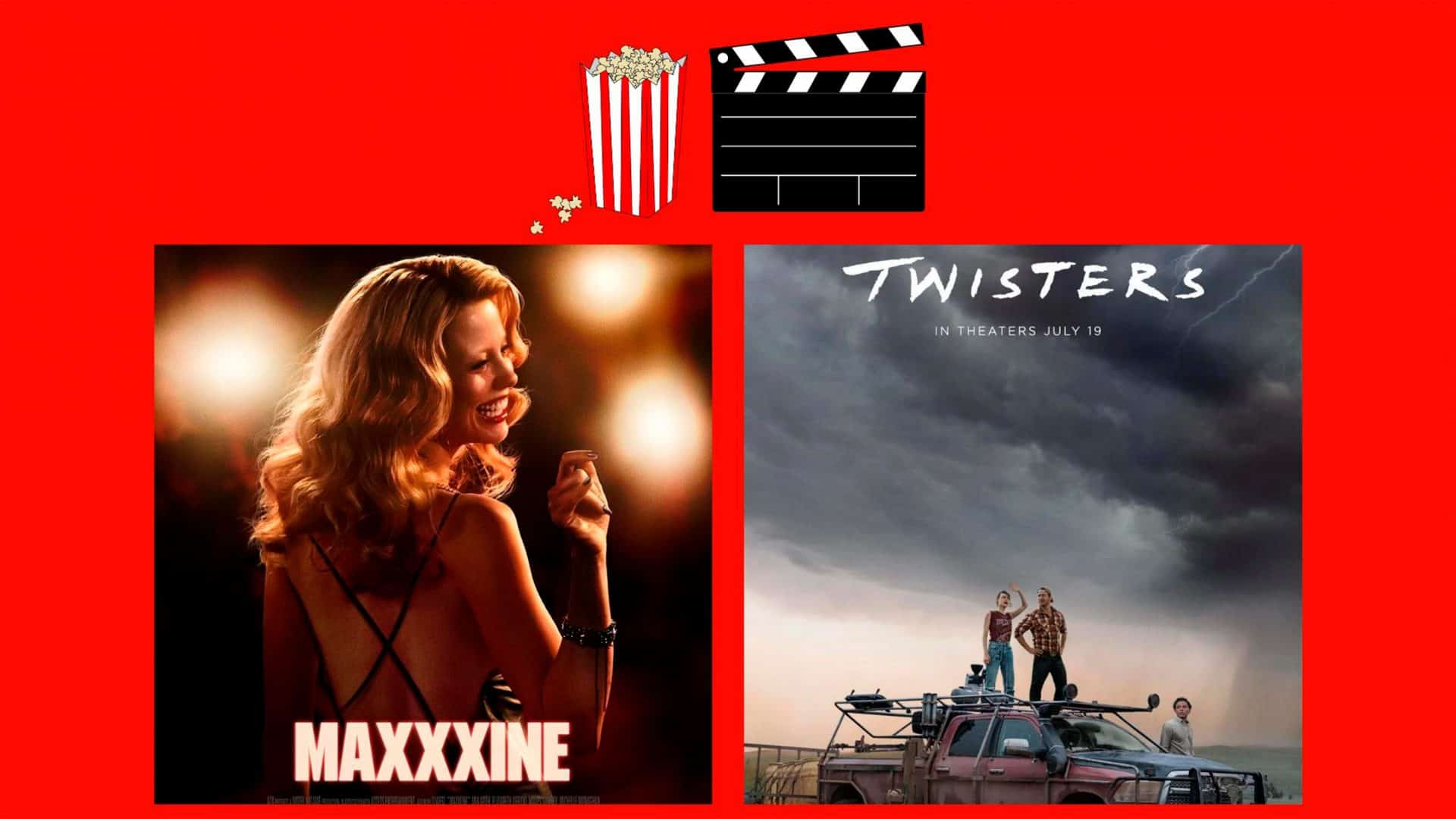 Montagem com pôsteres dos filmes MaXXXine e Twisters, que estão entre lançamentos da semana no cinema