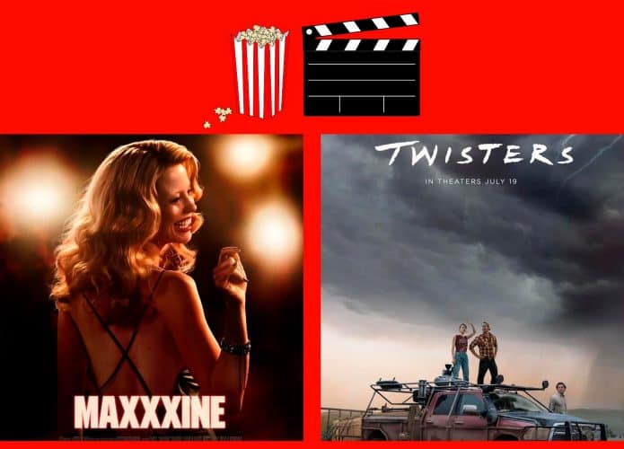 Montagem com pôsteres dos filmes MaXXXine e Twisters, que estão entre lançamentos da semana no cinema