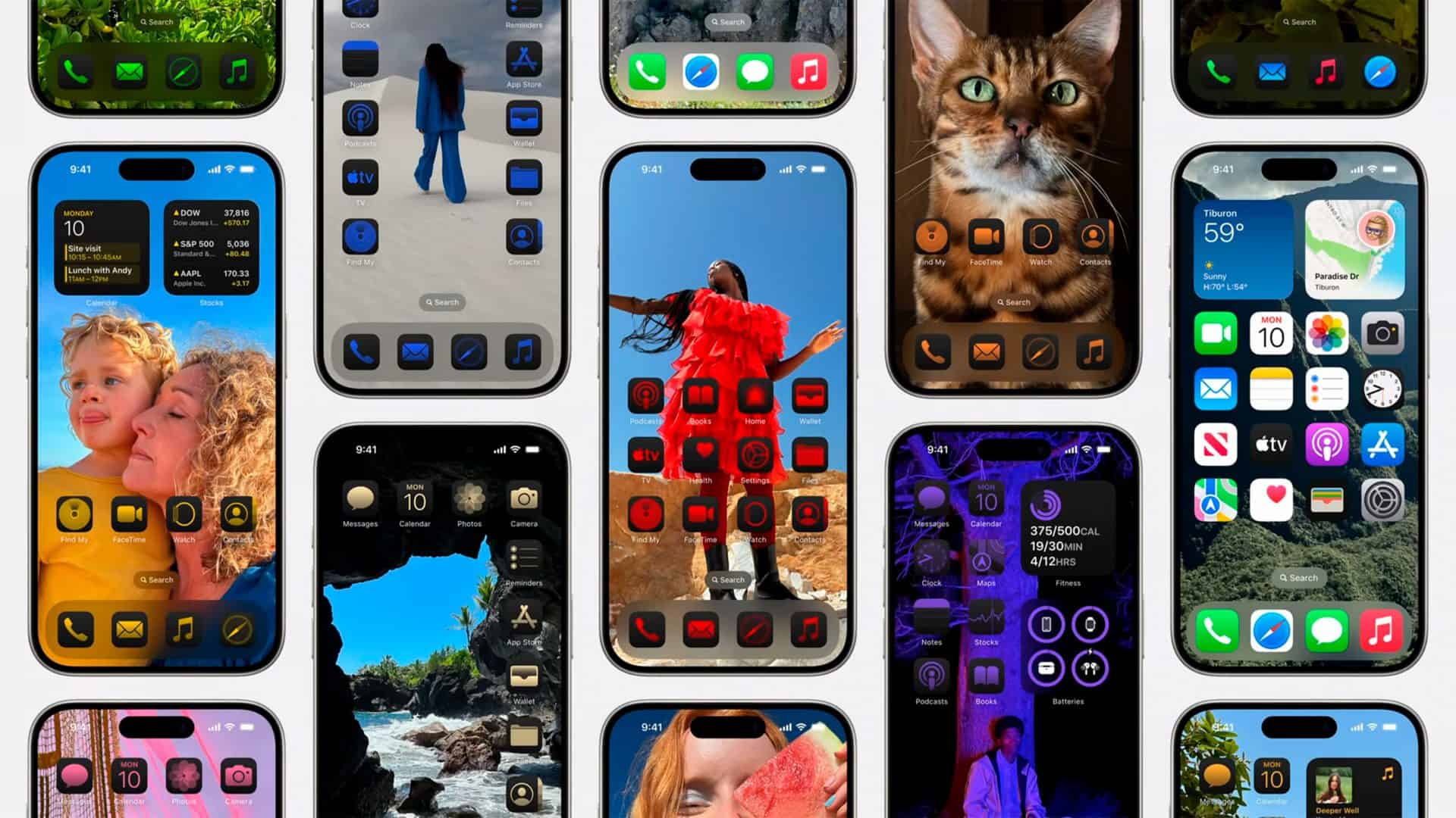 Montagem de iPhones com telas iniciais personalizadas de várias formas no iOS 18