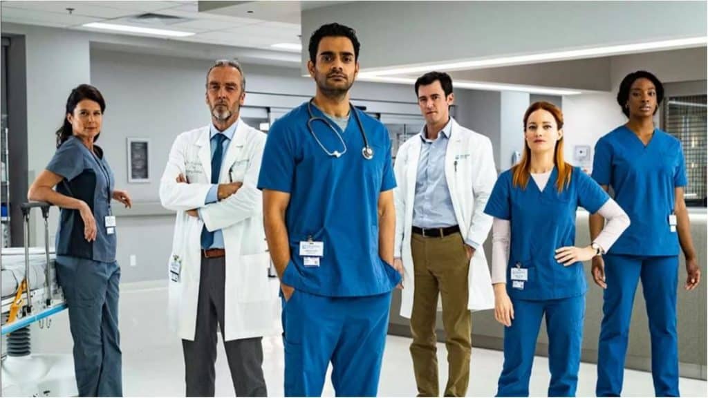 imagem de 5 médicos com as mãos no bolso posando para foto no centro de um hall de hospital
