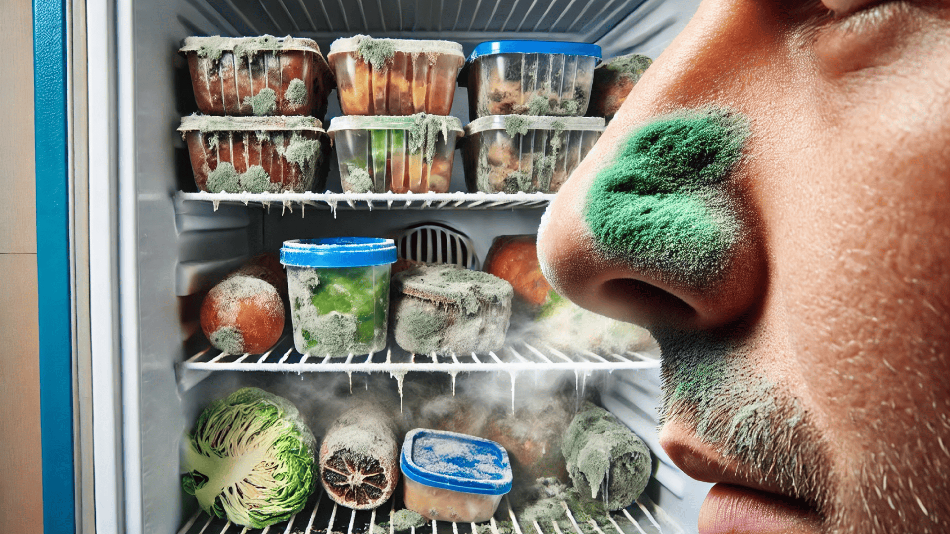 imagem mostra o nariz de um homem cheirando comida estragada no congelador