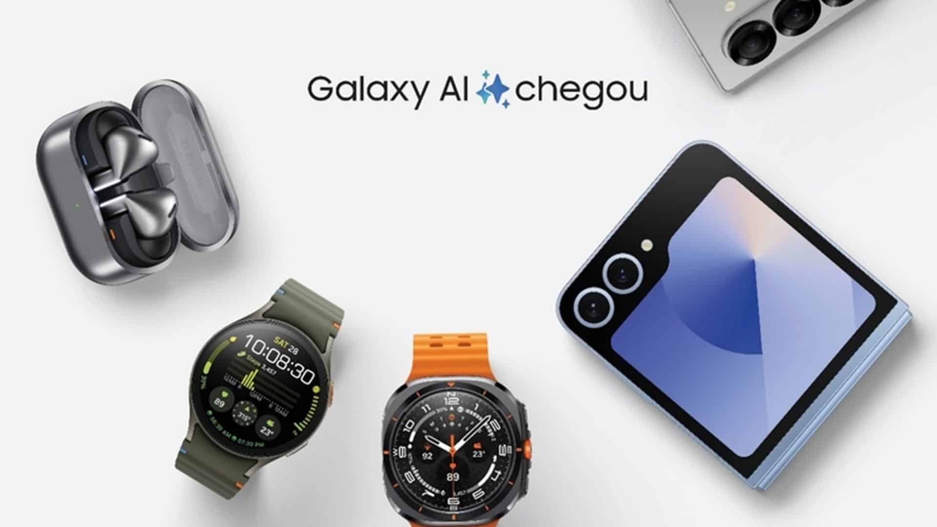 Novos dispositivos Galaxy dispostos em semicírculo; acima, a mensagem: 