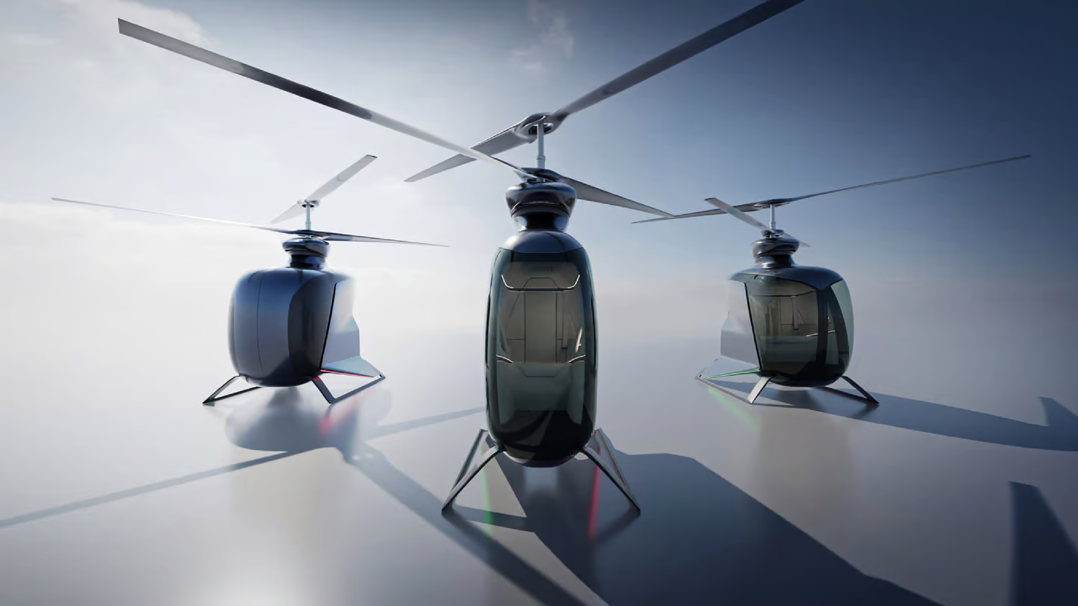 Imagem mostra o design de um helicóptero elétrico compacto para apenas uma pessoa