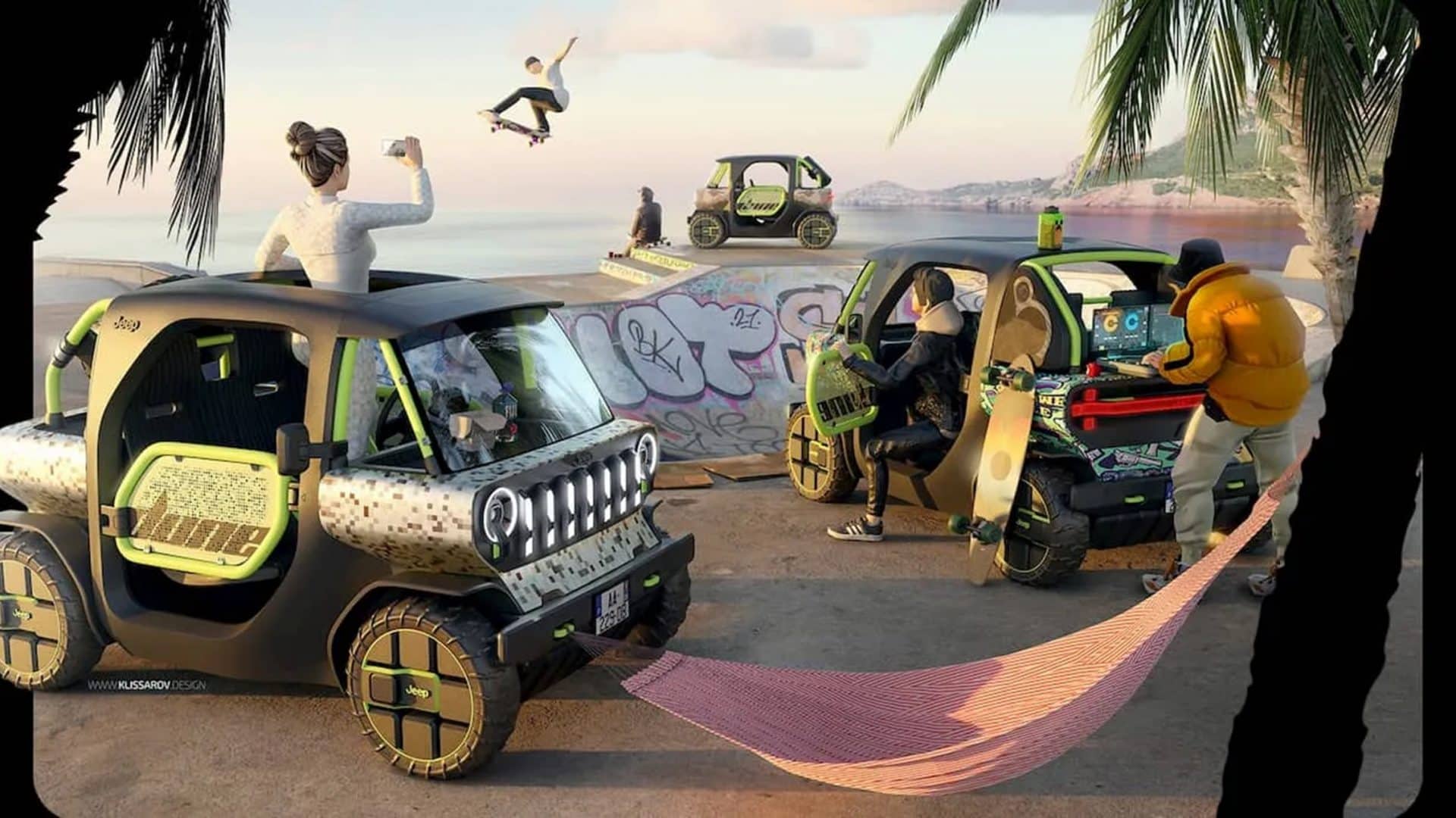 Conceito do Jeep Dune, com dois modelos exibidos, com uma pista de skate ao fundo e pessoas em cima deles