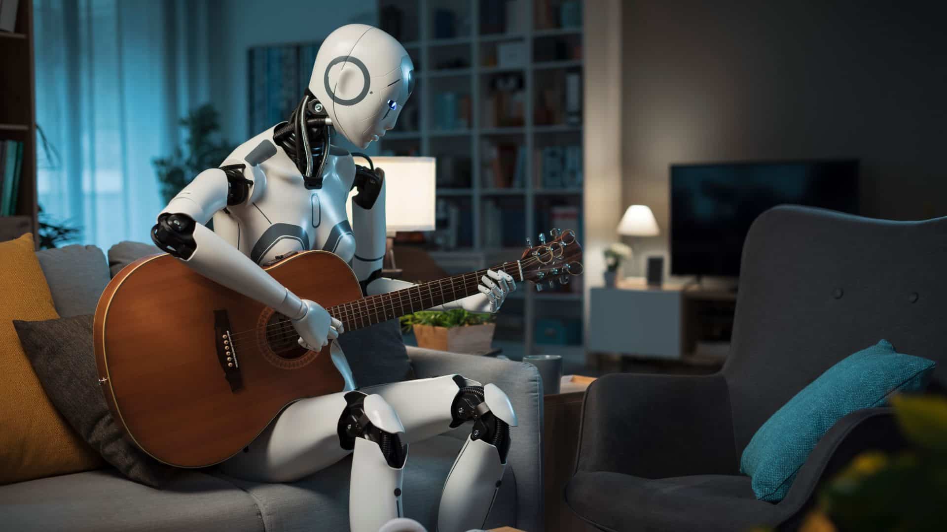 Imagem ilustrativa de robô tocando violão na sala sobre ia para criar música ambiente