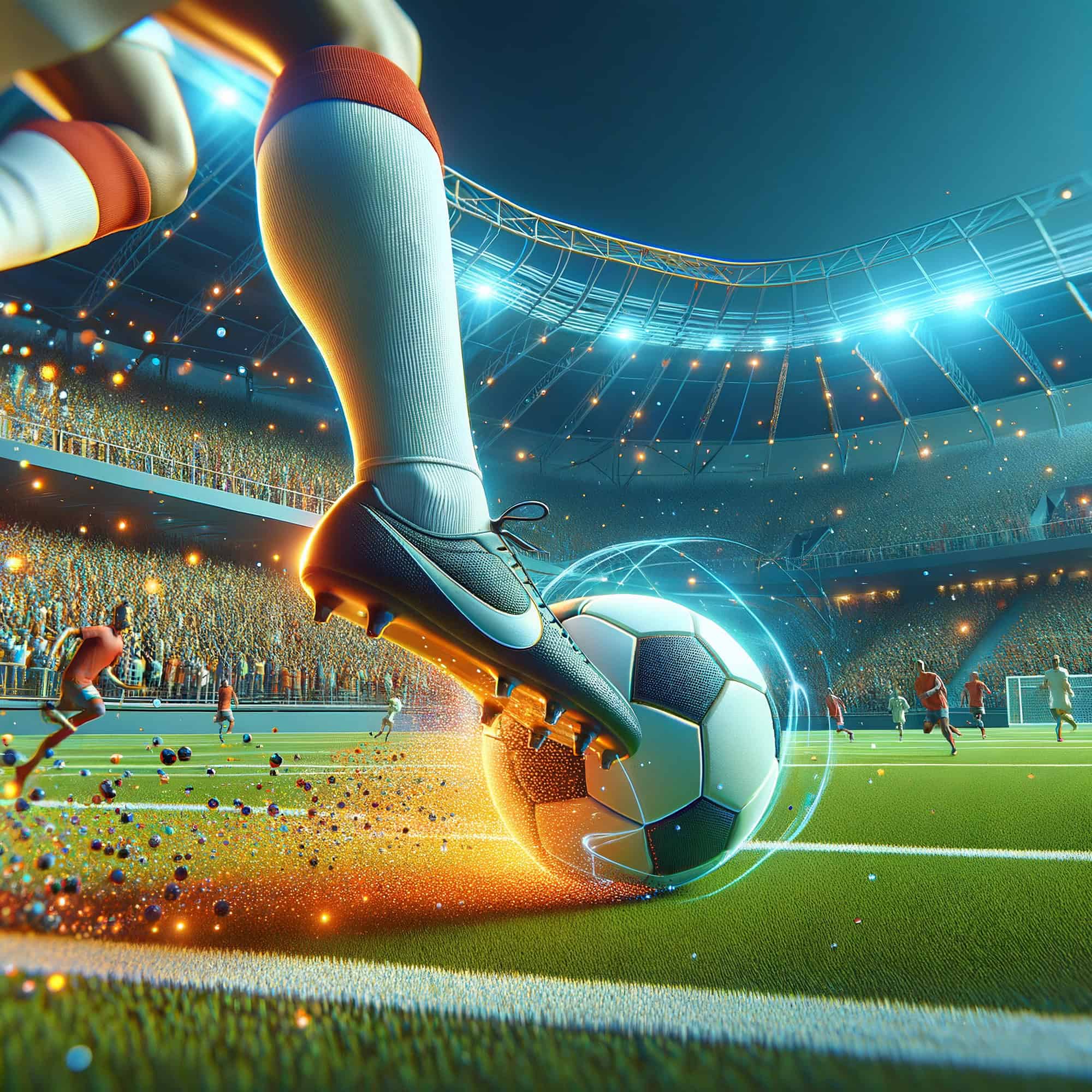 Imagem de um jogador de futebol chutando uma bola de futebol em um campo dentro de um estádio. Ao redor da bola, há sinais que correlacionam futebol com tecnologia