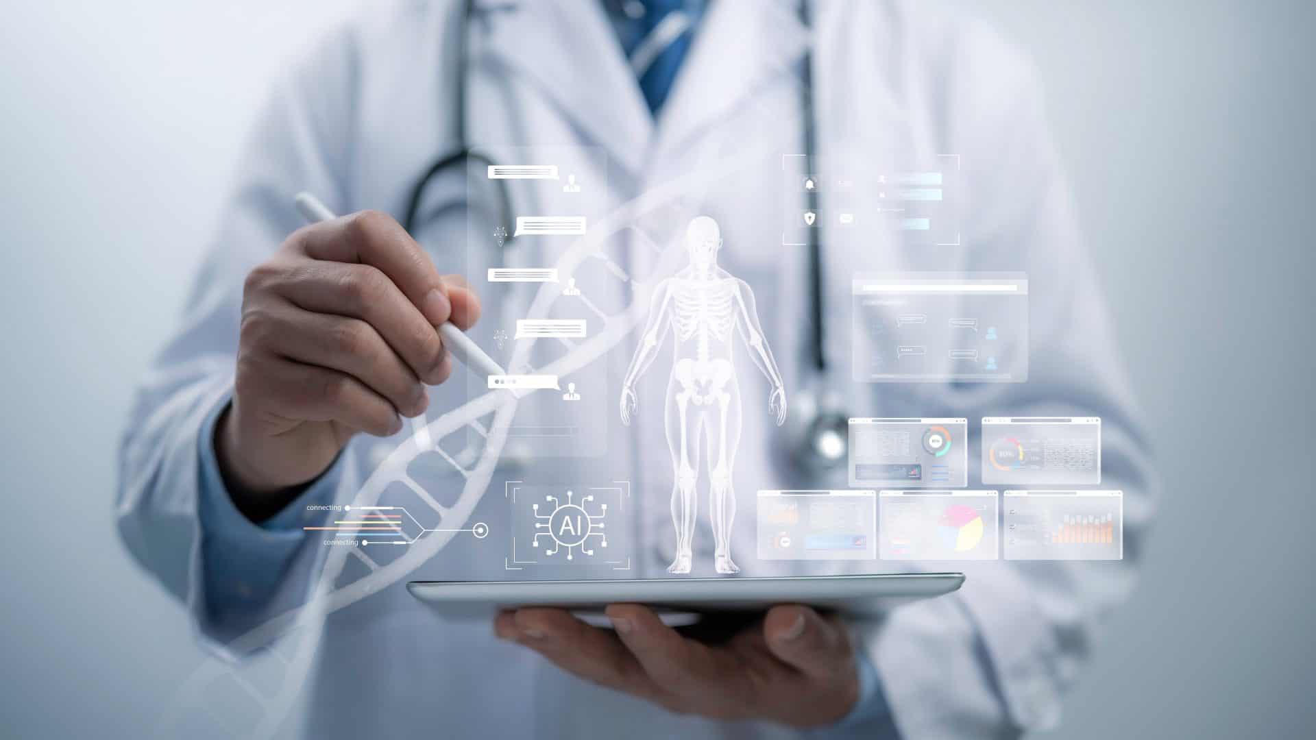 Imagem mostra um médico segurando um tablet com símbolos tecnológicos associando à inteligência artificial