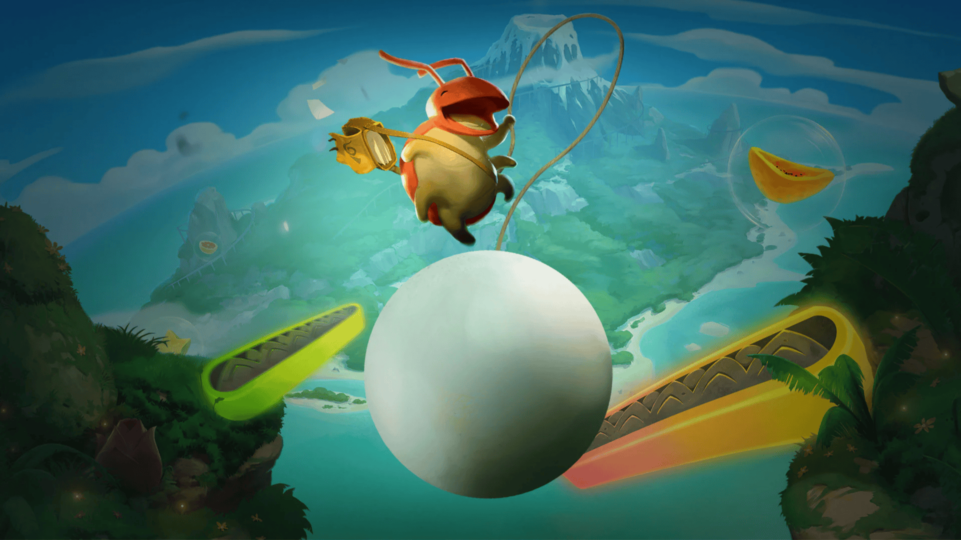 Capa do game Capa do game Yoku's Island Express. A imagem mostra um inseto, similar a uma barata, sorrindo e flutuando sobre um cenário aberto da natureza
