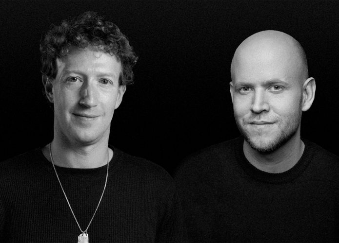 Montagem com retratos dos CEOs da Meta, Mark Zuckerberg, e do Spotify, Daniel Ek