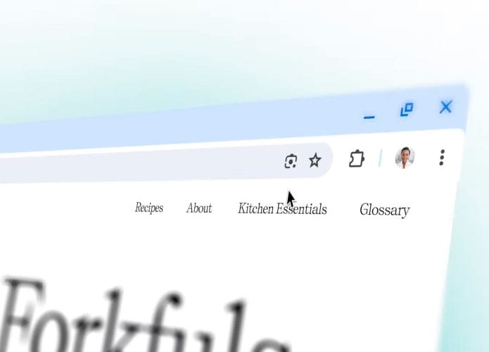 Montagem com destaque ao ícone do Google Lens em janela de versão atualizada do Chrome