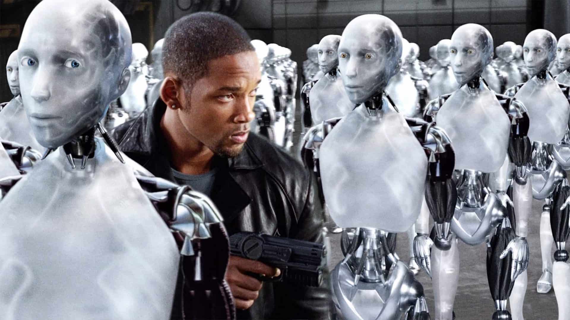 Will Smith andando entre robôs humanoides no filme 