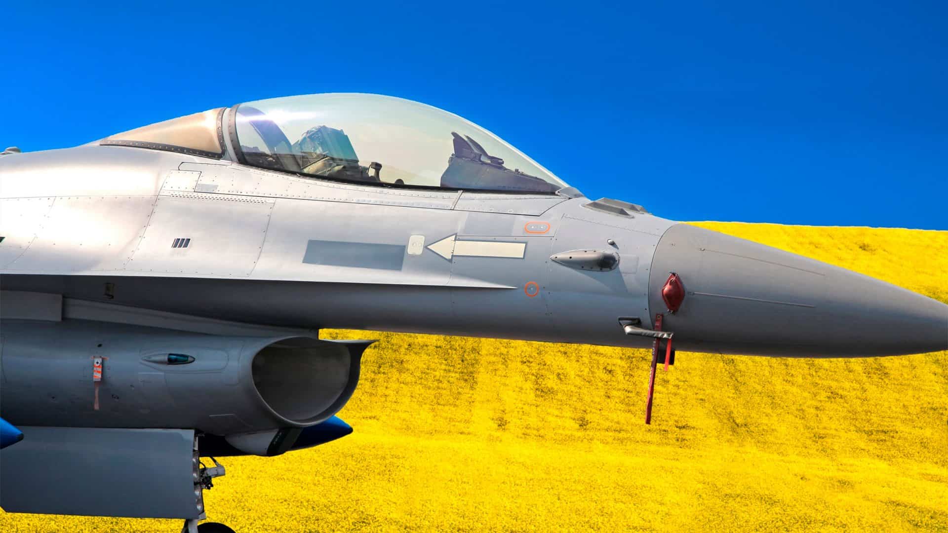 Montagem com parte da frente de um caça F-16 na frente de bandeira da Ucrânia