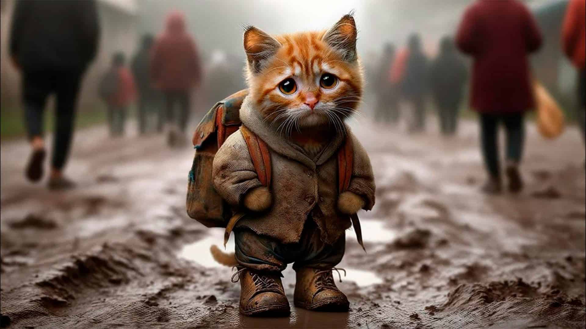 Cena de vídeo feito com IA de filhote de gato usando roupa velha e mochila na lama