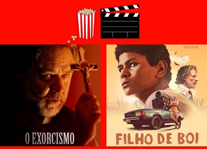 Montagem com pôsteres dos filmes O Exorcismo e Filho de Boi, que estão entre lançamentos da semana no cinema