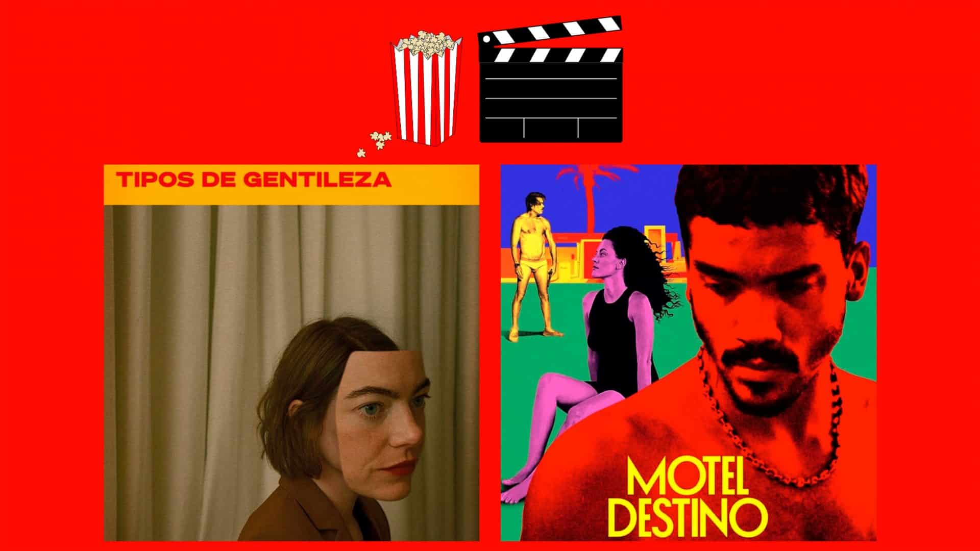 Montagem com pôsteres de Tipos de Gentileza e Motel Destino, que estão entre lançamentos de filmes da semana