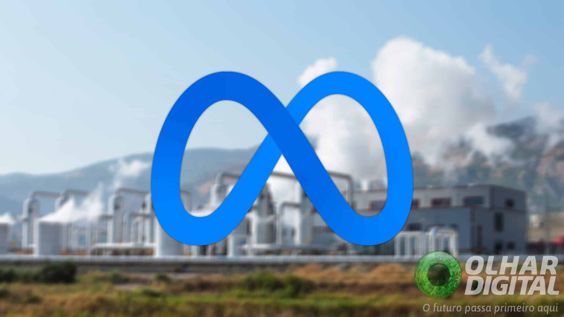 Montagem com logomarca da Meta e usina de energia geotérmica ao fundo