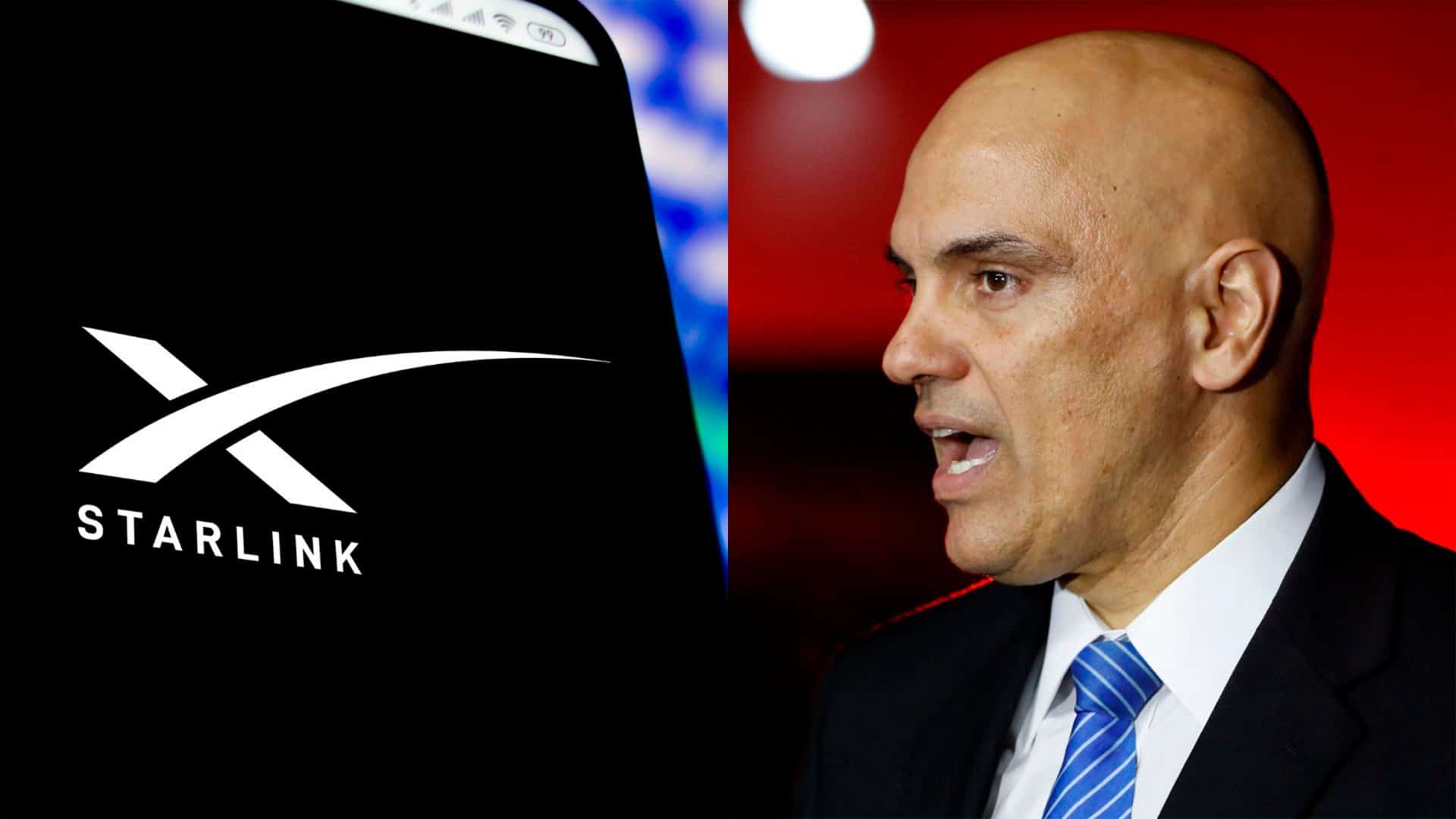 Montagem com fotos de celular com logomarca da Starlink na tela e do ministro Alexandre de Moraes, no STF