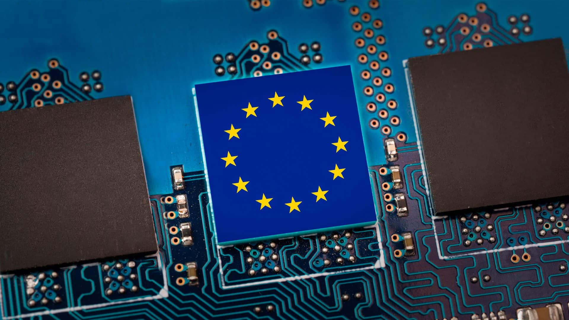 Ilustração de placa de computador com bandeira da União Europeia em um dos chips