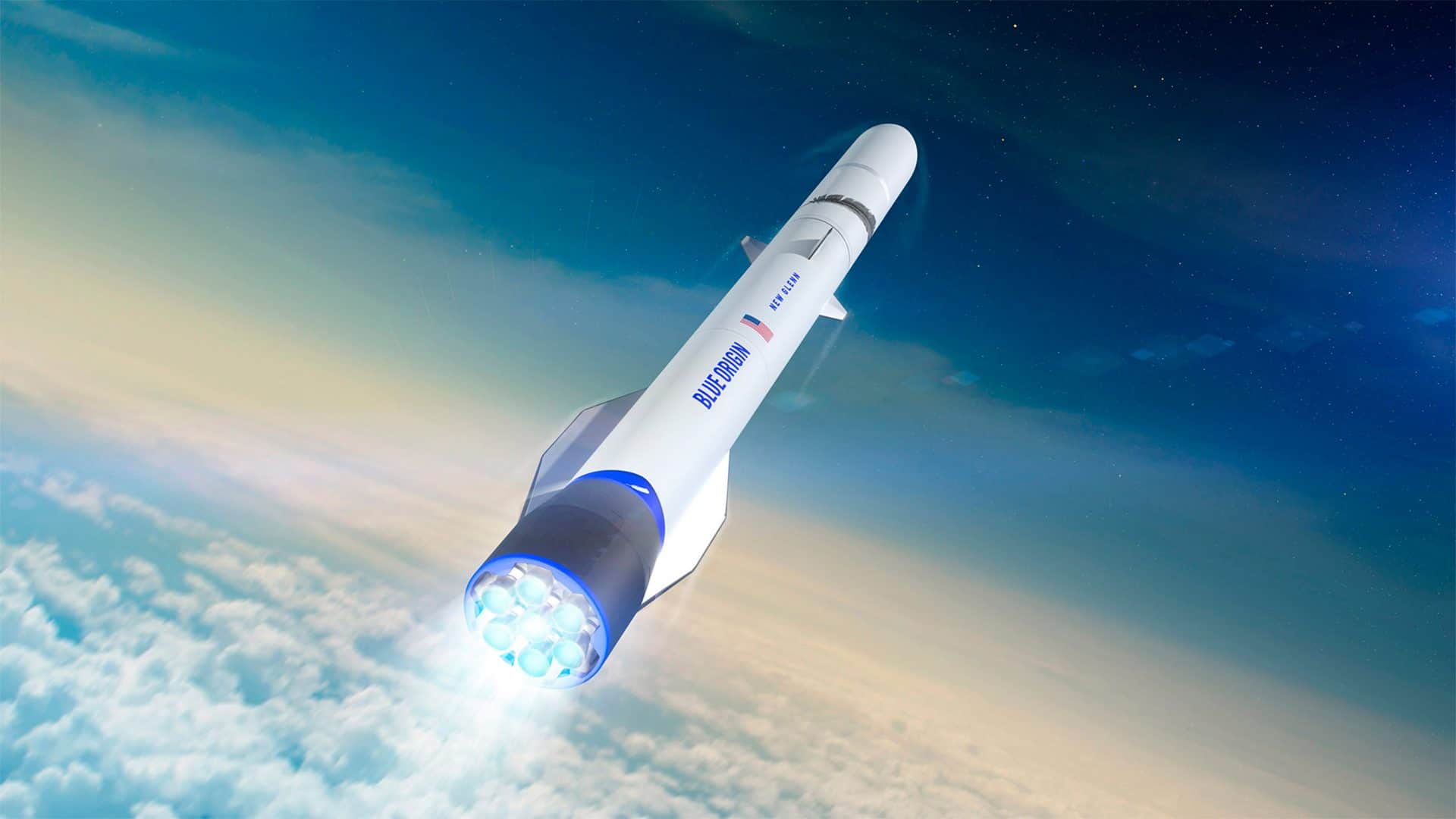 Ilustração de foguete New Glenn, da Blue Origin, saindo do planeta Terra