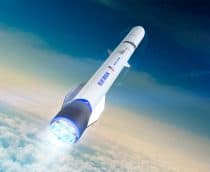 Ilustração de foguete New Glenn, da Blue Origin, saindo do planeta Terra