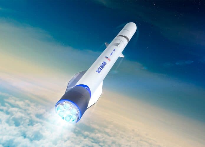 Ilustração de foguete New Glenn, da Blue Origin, saindo do planeta Terra