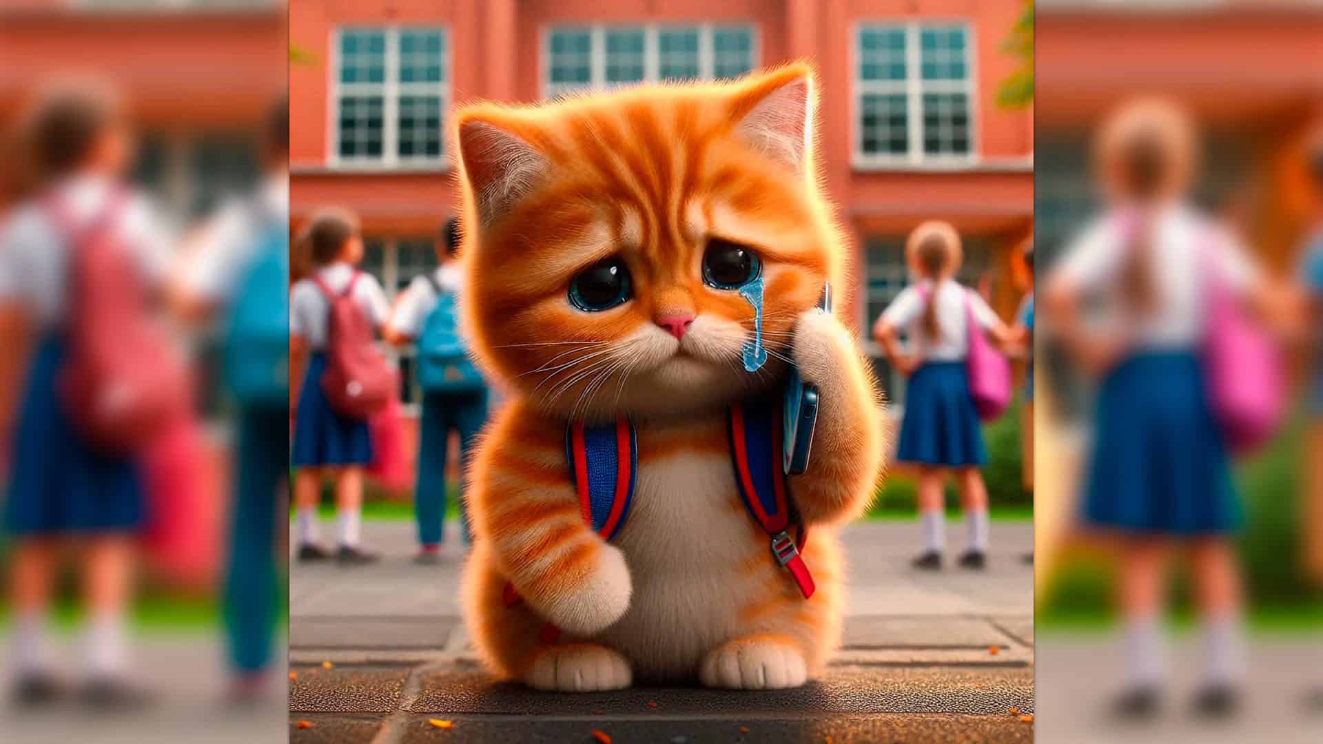 Cena de vídeo feito com IA de filhote de gato chorando em escola