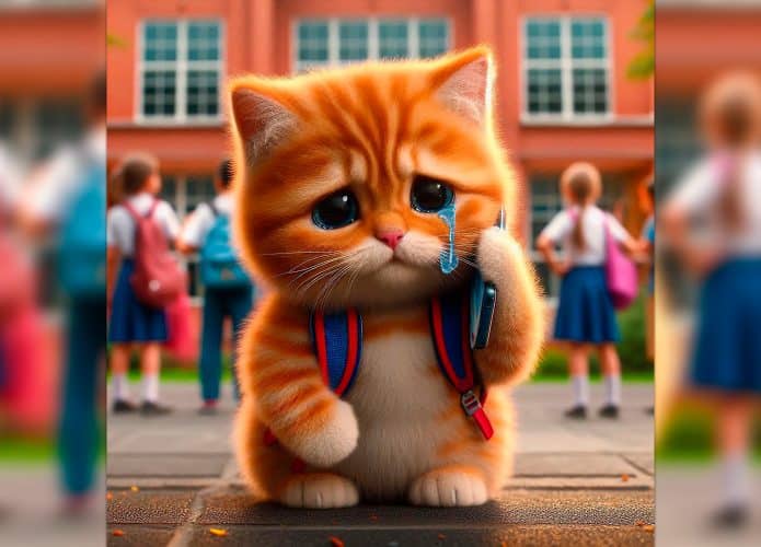 Cena de vídeo feito com IA de filhote de gato chorando em escola