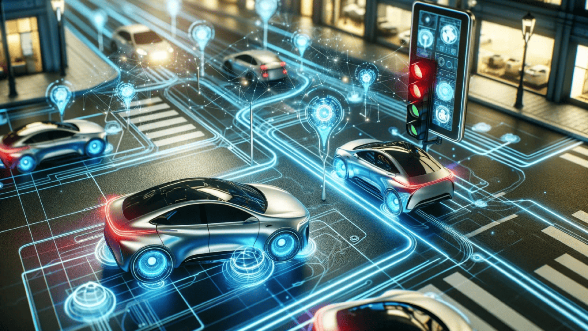 Ilustração gerada por IA. A imagem mostra carros nas ruas de uma cidade. Eles estão conectados entre si com linhas azuis que remetem à tecnologia