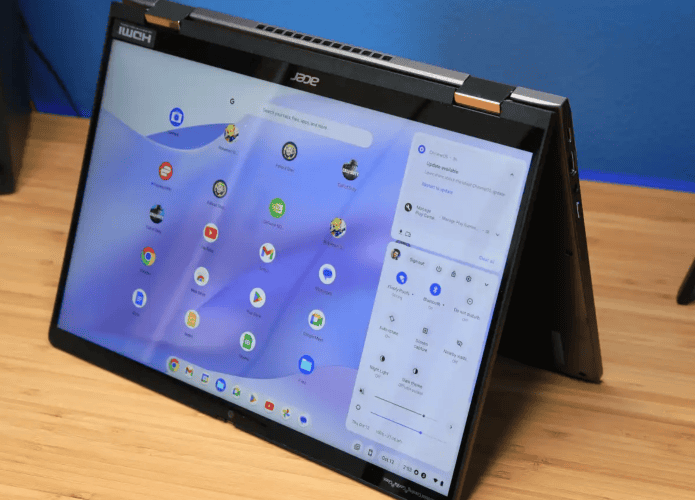 Chromebook Acer na posição contrária para utilização da tela touch