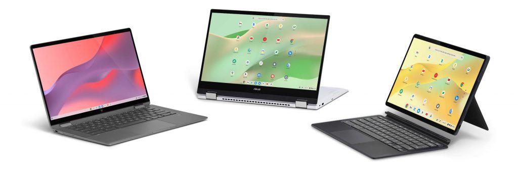 imagem mostra três notebooks, lado a lado, com enfase nas telas e teclados