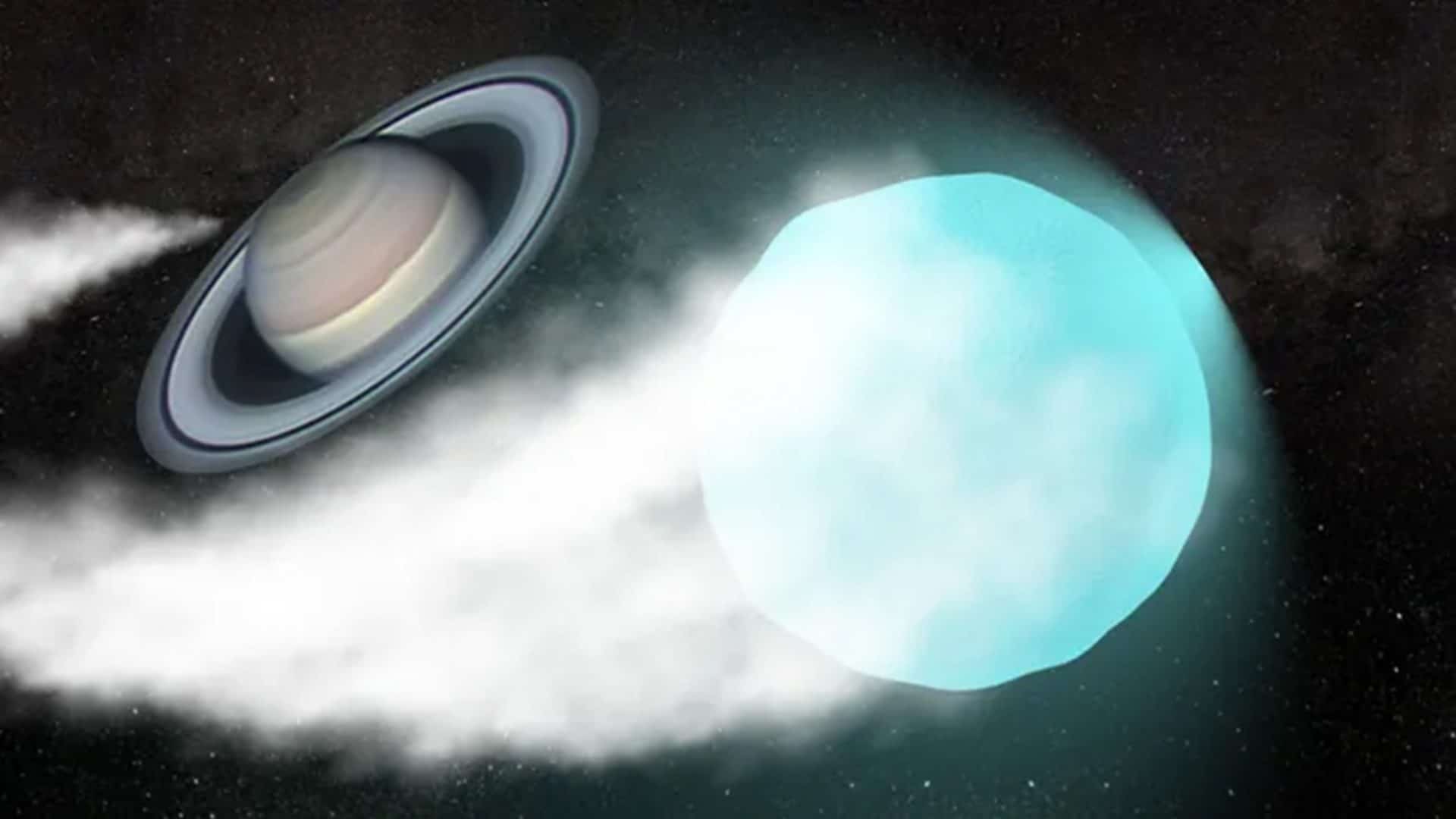 Uma ilustração mostra um cometa saindo do sistema solar após um encontro com Saturno