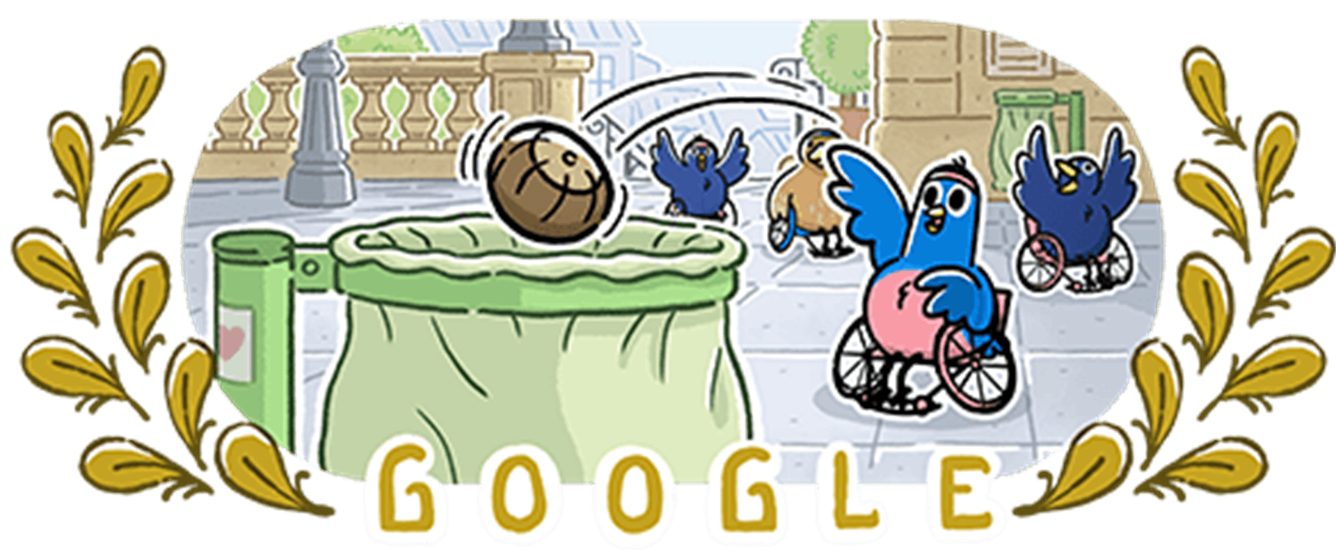 Doodle com pássaros jogando basquete em cadeira de rodas
