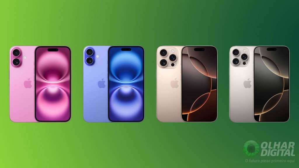 Da esquerda para a direita: iPhone 16, iPhone 16 Plus, iPhone 16 Pro e iPhone 16 Pro Max