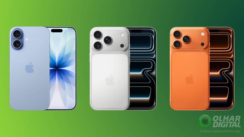 Da esquerda para a direita: iPhone 17, iPhone 17 Pro e iPhone 17 Pro Max