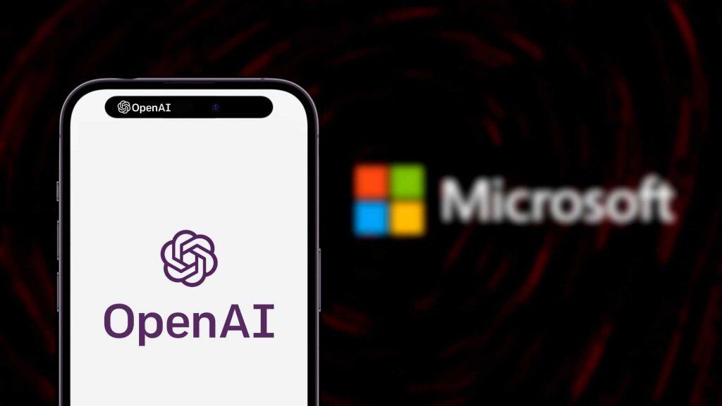 iPhone exibindo logomarca da OpenAI na tela colocado na frente de imagem da logomarca da Microsoft