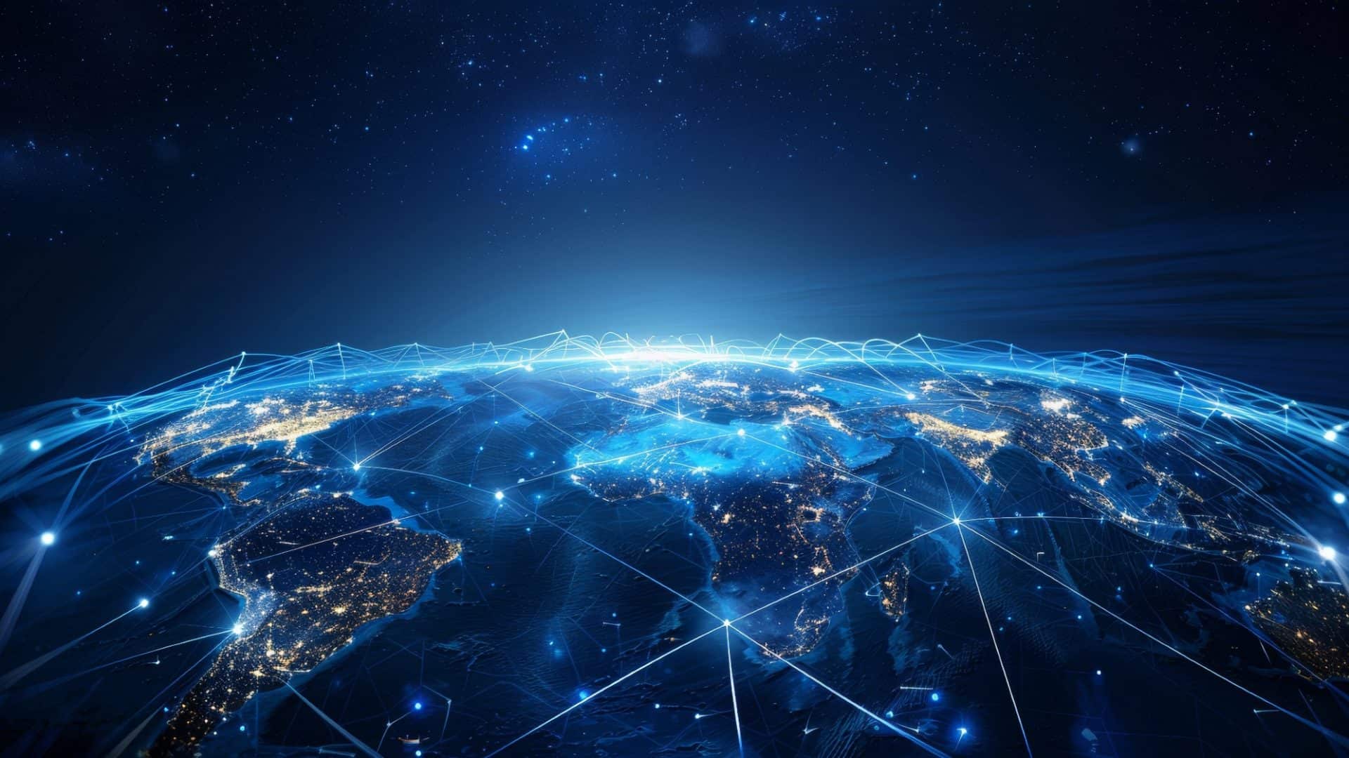 Ilustração da órbita da Terra iluminada por uma rede elétrica espacial, serviço que será desenvolvido pela startup Star Catcher