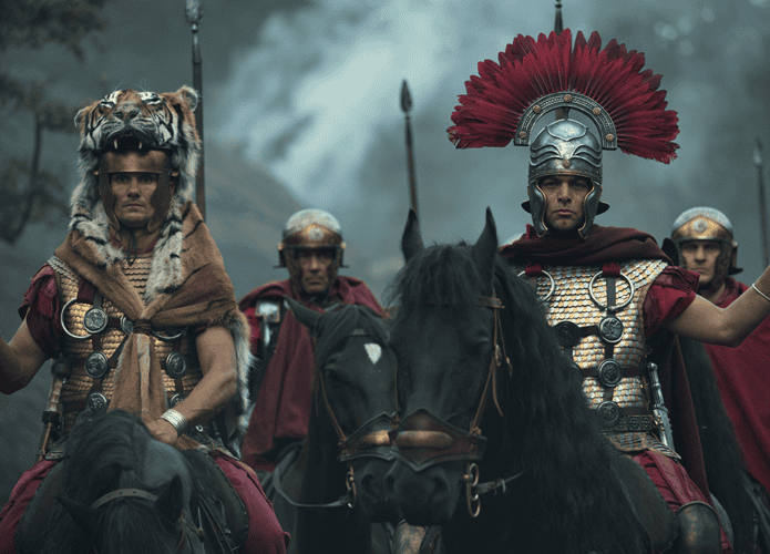 Cena demonstra guerreiros armados em cima de um cavalo