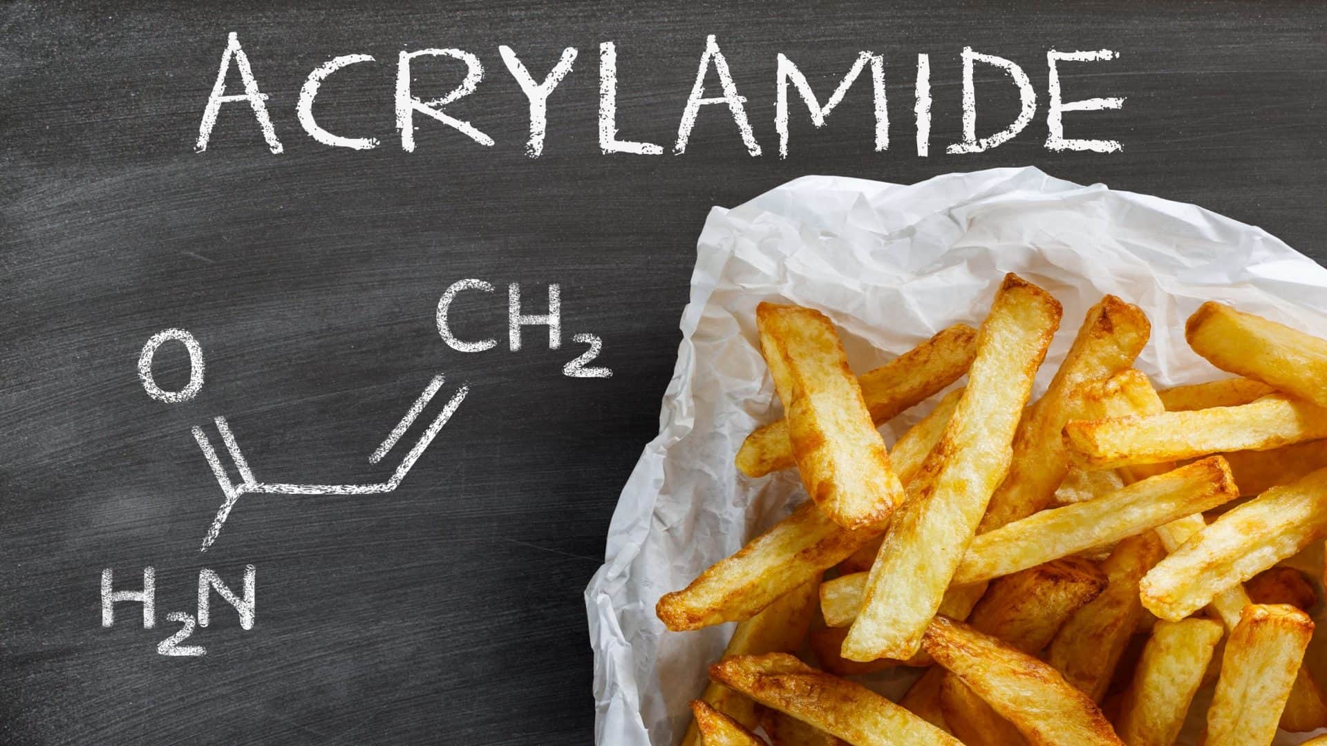 Acrilamida na comida. Batata frita e fórmula química da acrilamida.