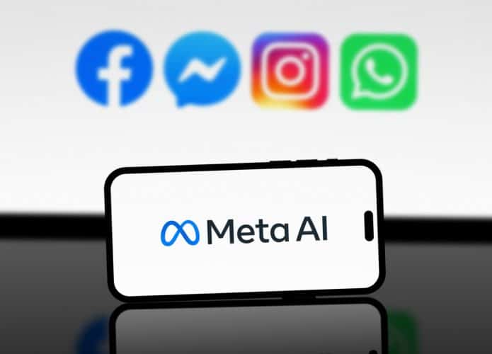 logo da Meta AI com logos das redes sociais da Meta no fundo