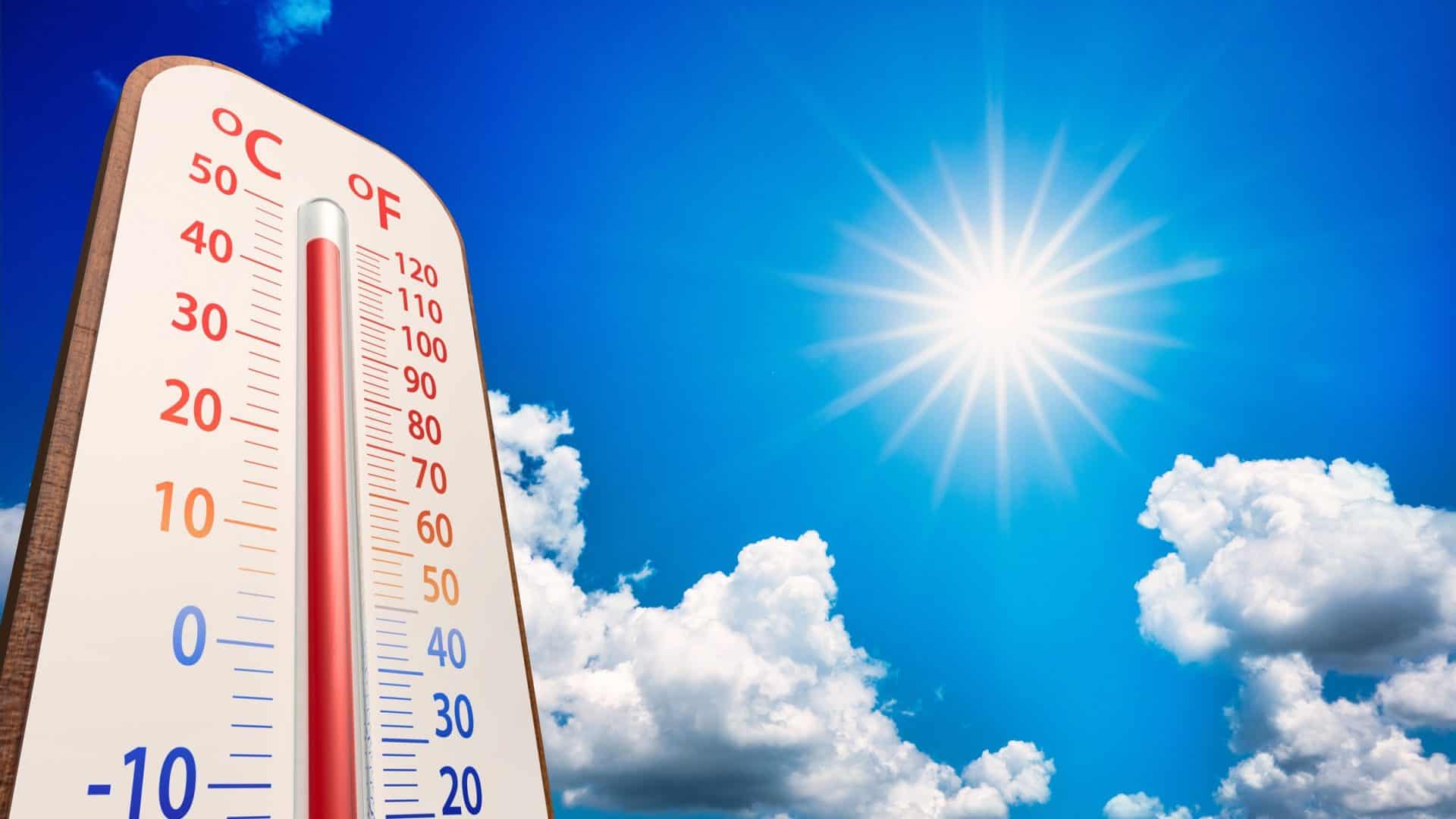 À esquerda, um termômetro, à direita, céu azul, com poucas nuvens, e Sol brilhante
