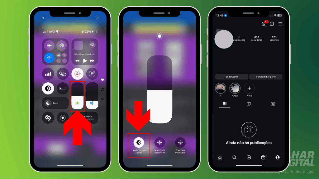 imagem mostra a tela de notificações do iphone, uma seta apontando para a barra de luminosidade e outro apontando para o modo de modo escuro