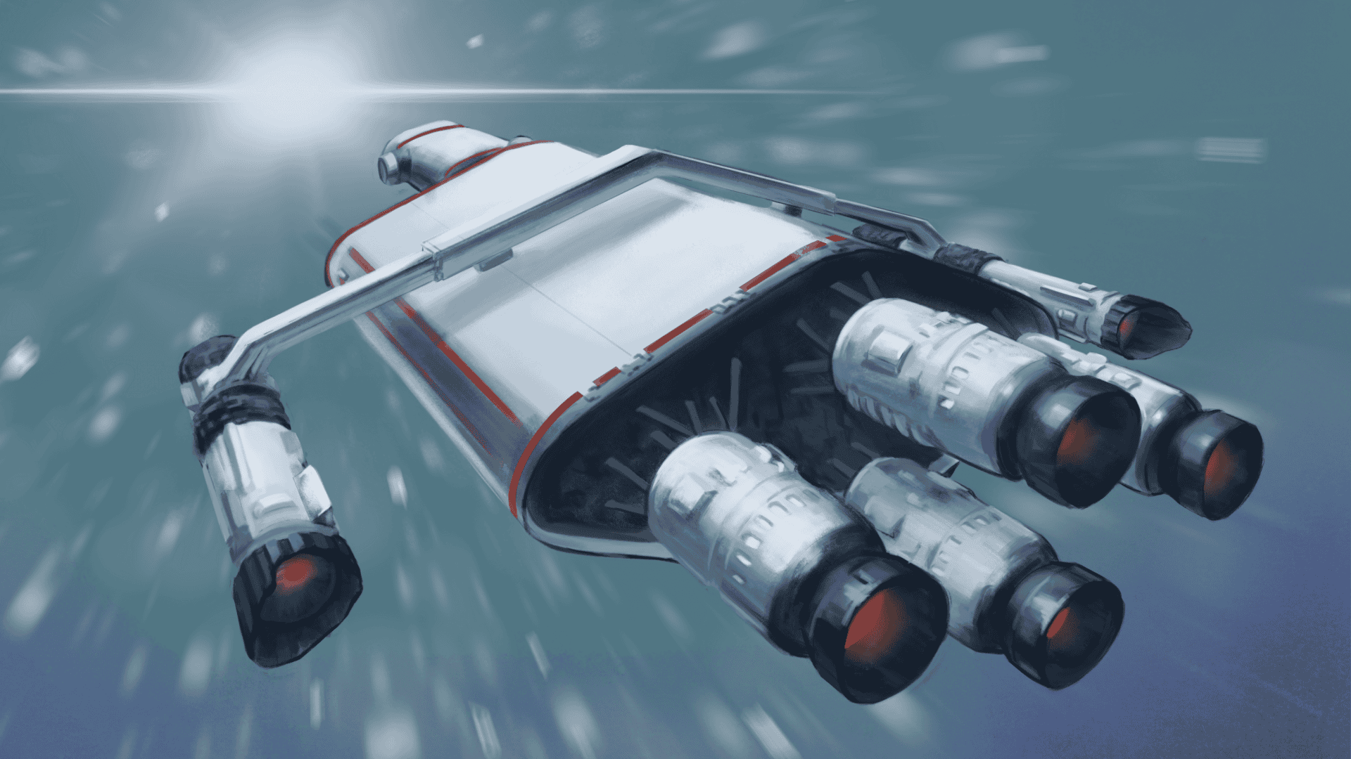 Ilustração de uma nave espacial com propulsores grandes e luminosos na parte traseira, movendo-se em alta velocidade através do espaço, com estrelas e luzes borradas ao fundo, simulando o efeito de velocidade de dobra.