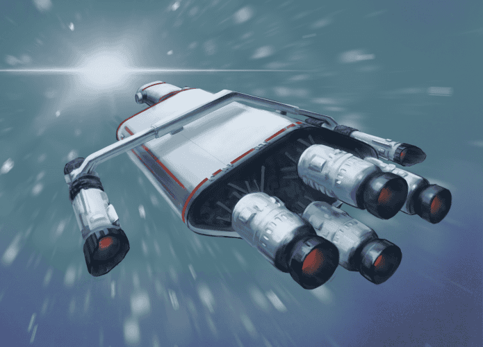 Ilustração de uma nave espacial com propulsores grandes e luminosos na parte traseira, movendo-se em alta velocidade através do espaço, com estrelas e luzes borradas ao fundo, simulando o efeito de velocidade de dobra.