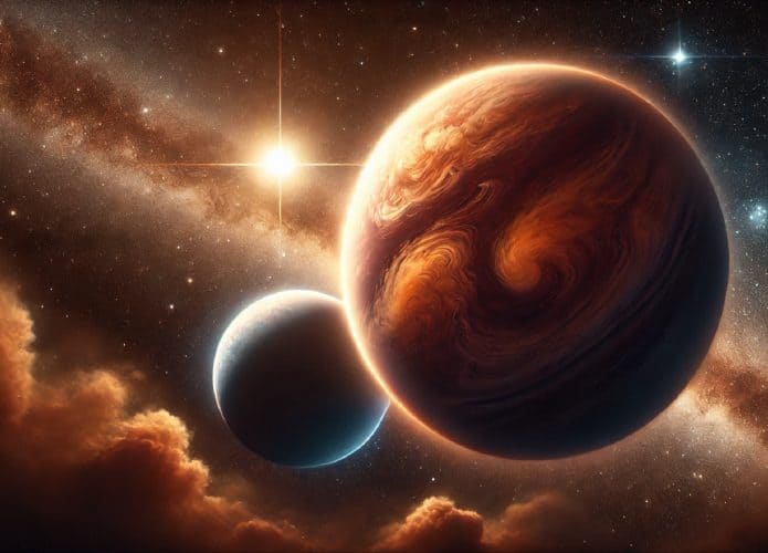 DALL·E-2024-09-30-13.43.49-A-deep-space-scene-featuring-two-planets-and-a-star.-TOI-4562-c-a-majestic-gas-giant-with-a-swirling-atmosphere-in-shades-of-orange-and-dark-red-dom-695x500