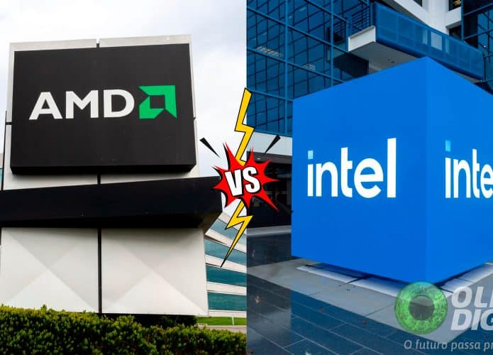 Montagem com fotos de fachadas da AMD e da Intel com ilustração de versus no meio