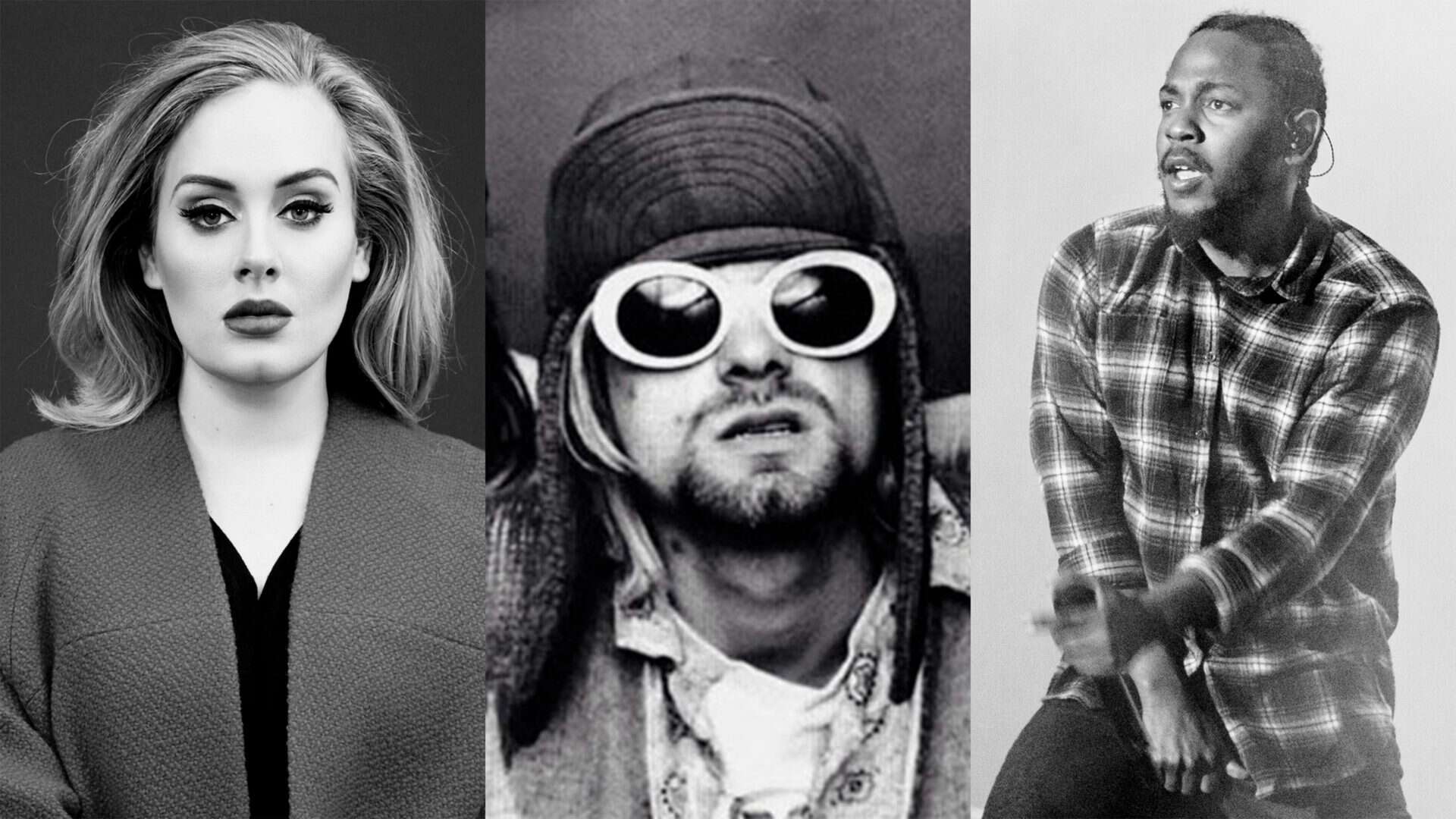 Montagem com fotos da Adele, do Kurt Cobain e do Kendrick Lamar