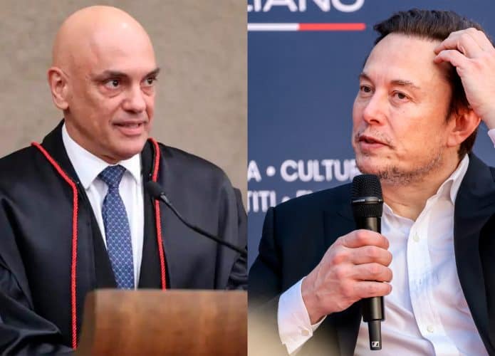Montagem com fotos do ministro Alexandre de Moraes, do STF, e de Elon Musk, dono do X e da Starlink