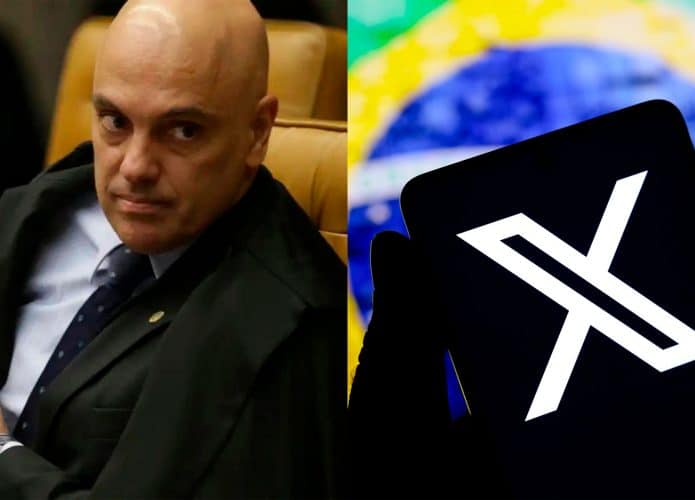 Montagem com fotos do ministro Alexandre de Moraes, do STF, e de pessoa segurando celular com logomarca do X/Twitter na tela e, ao fundo, uma imagem da bandeira do Brasil