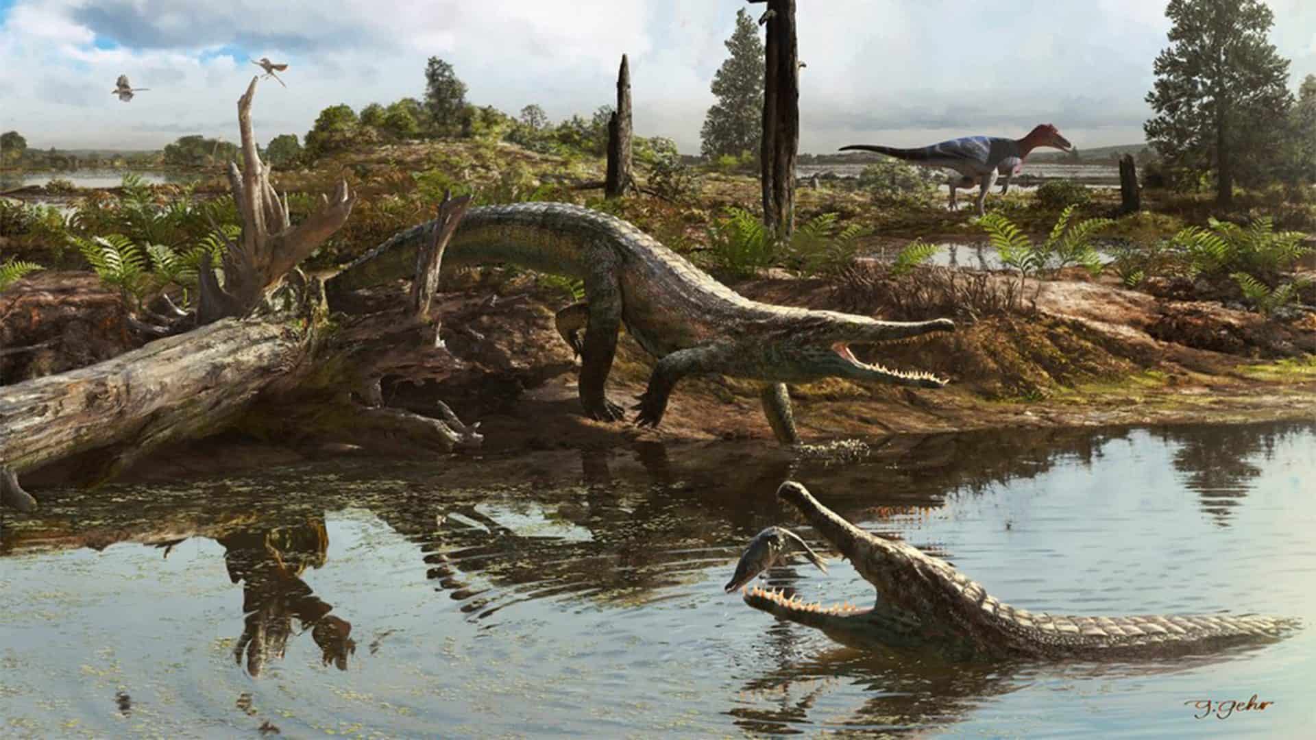 Ilustração de espécie de crocodilo pré-histórico