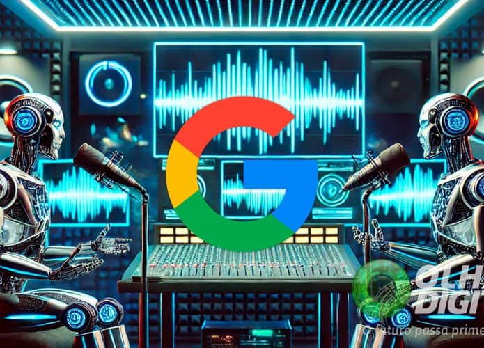Ilustração de dois robôs com inteligência artificial conversando em podcast